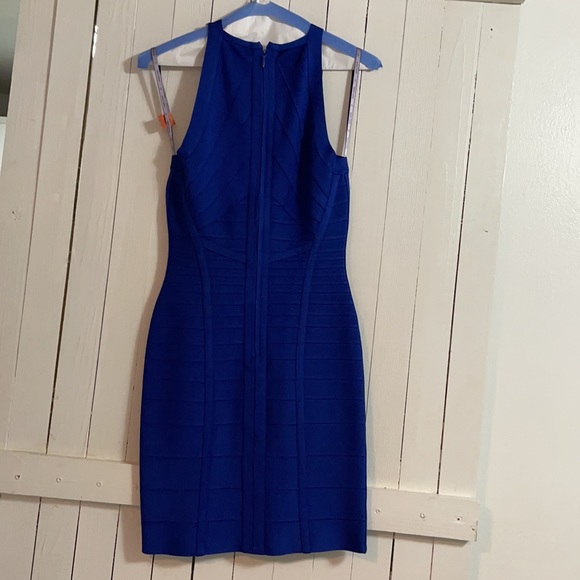 UNIQUE HERVE LEGER bandage dress S navy cowl neck - Picture 4 of 8
